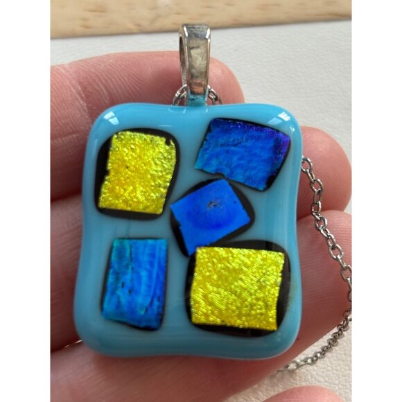 Colorful Dichroic Glass Pendant Necklace With Silver Chain - Picture 5 of 12
